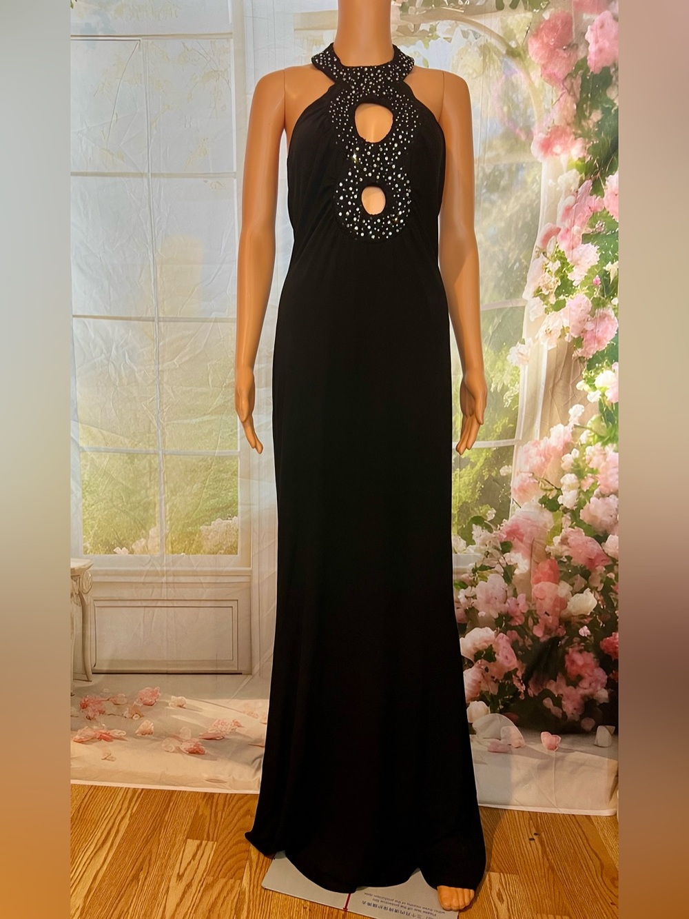 ABS Allen Schwartz Black Strapless Rhinestone Keyhole Evening Gown